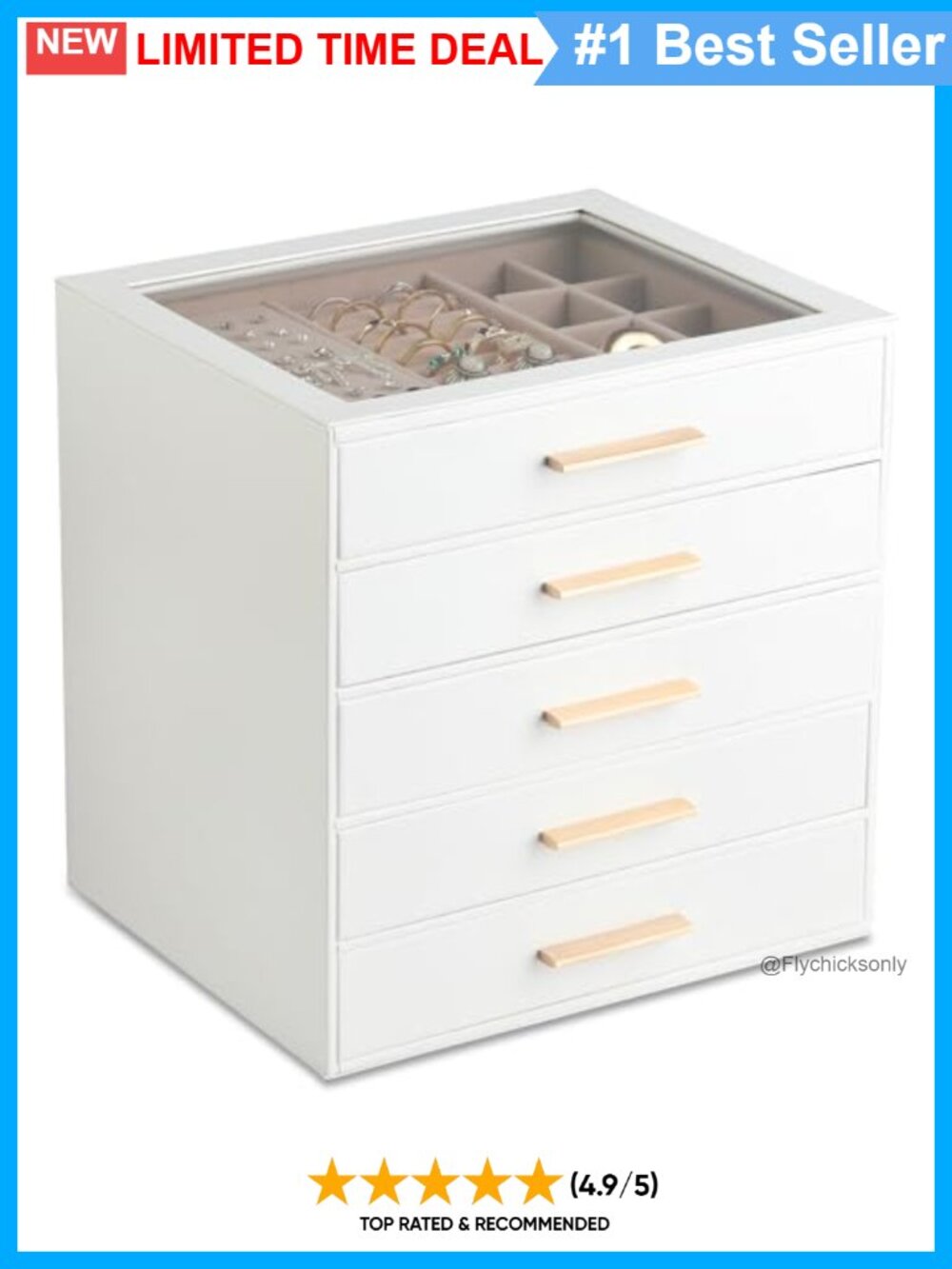 Frebeauty 5-Drawer Jewelry Box Clear Lid PU Leather Velvet Lined Organizer